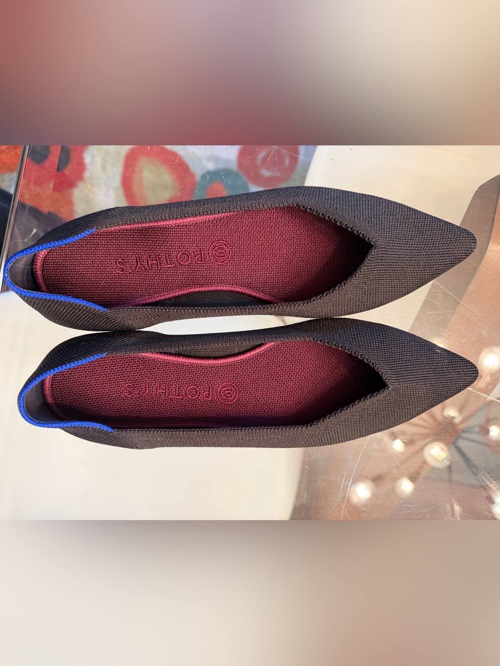 Rothy's Black Pointed Flats with New Burgundy Insoles